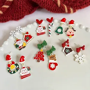 Christmas Alloy Drop Earrings Painted Oil Santa Claus Reindeer Asymmetric Festive Decoration With Copper Earring Post For Women Party