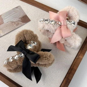 Elegant plush hair claw clips with satin bows and rhinestone hearts in brown and pink