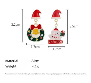 Detailed view of Christmas wreath and snowman earrings with precise size measurements