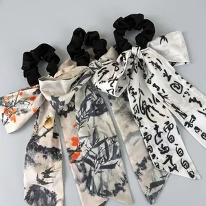 Three-piece set of Chinese style ribbon hair scrunchies with ink wash and calligraphy prints