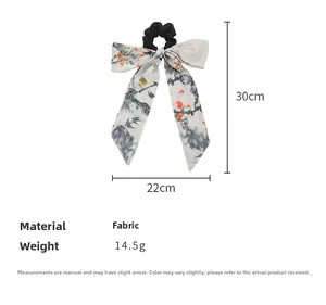 Detailed dimensions of the ink-wash style bird print hair scrunchie with ribbons