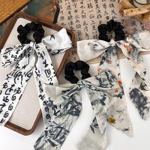 New Chinese style ink painting hair scrunchie set with calligraphy silk ribbons