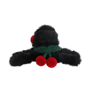 Simpatica molletta per capelli in peluche nera con ciliegie e pompon rossi per ragazze