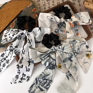 Three-piece Chinese style bow hair scrunchies with ink wash calligraphy patterns
