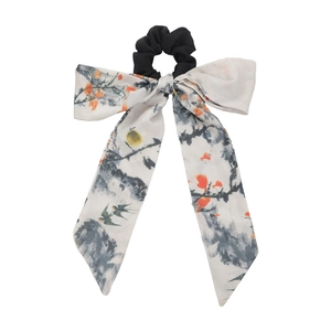 Elegant Chinese style scrunchie with long ribbons featuring ink floral and bird patterns
