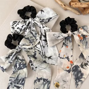 New Chinese Style Ink Wash Bow Scrunchie With Long Streamers Vintage Satin Hair Tie For Women Calligraphy Bamboo Landscape Patterns