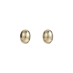 Minimalist gold bean stud earrings with polished metallic finish and mirror reflection