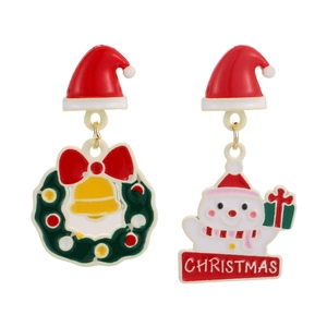 Christmas wreath and snowman asymmetric drop earrings with festive holiday charms