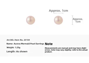 Macro detail of 1cm aurora mermaid pearl stud earrings with 1.25g weight specifications
