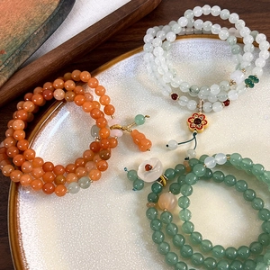 Traditional Chinese multi-layer flower bracelets with green agate and jade beads