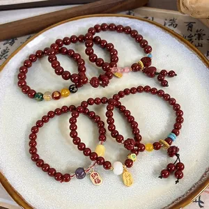 Vintage Chinese Style Beaded Bracelet Red Cinnabar Style Beads Lotus Charm Fortune Pendant Lucky Bracelet For Women Jewelry
