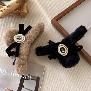Plush fur hair claw clip set with velvet bows and vintage pearl camellia accents