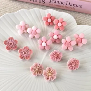 Sweet Pink Flocked Flower Stud Earrings For Women Aesthetic Resin Floral Cherry Blossom Earrings With Steel Earring Post