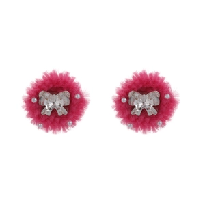 Boucles d'oreilles Y2K en peluche rose avec nœud strass et perles blanches