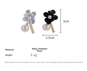 Detail view of asymmetric flower earrings featuring grey and black petals with pearls