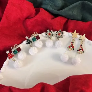 Orecchini a Bottone Natalizi per Donna in Lega con Strass Fiocco di Neve Albero di Natale Renna Pompon Orecchini Gioielli Regalo