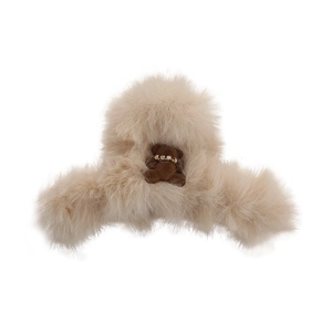 Süße beige Plüsch-Haarklammer für Damen mit Teddybär und glitzerndem Strasshalsband