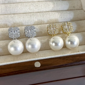 French Elegant Copper Gold Plated Zirconia Faux Artificial Pearl Drop Earrings Geometric Square Design For Women Banquet Jewelry