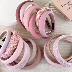 Pink wide padded headband collection in velvet and tweed textures for elegant hair styling