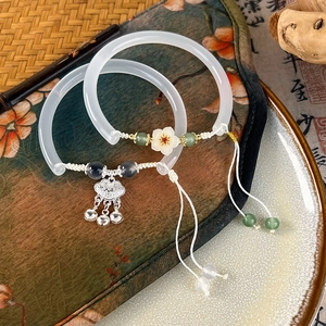 Vintage Chinese flower charm bracelet with tassels and silver safety lock pendant