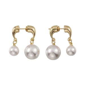 French retro gold stud earrings with elegant double white pearls for women's fashion