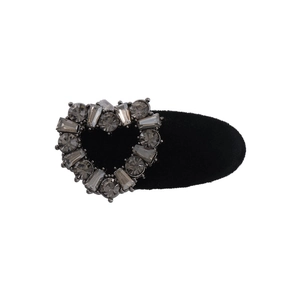 Elegant velvet heart hair clip featuring gray crystal rhinestones on a black flocked base