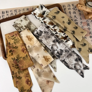 Vintage silk scarf hair band with traditional Chinese ink and floral prints on satin fabric