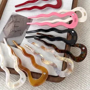Vintage Acetate Wave U-Shape Hair Stick Rhinestone Inlaid France Handmade Hair Fork For Women Elegant Styling Jewelry Accessory