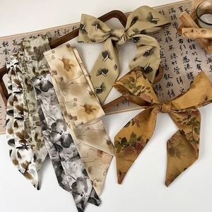 Vintage floral silk hair ribbons in Maillard tones with traditional Chinese style motifs