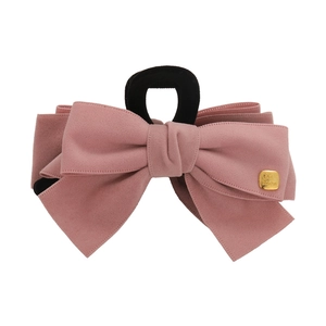 Pink suede bow hair tie with fashion engraved gold buckle on elastic band