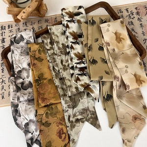 Vintage Floral Print Satin Scarf Hair Band For Women Long Ribbon Hair Tie Elegant Headwrap Multi-Purpose Fashion Accessories