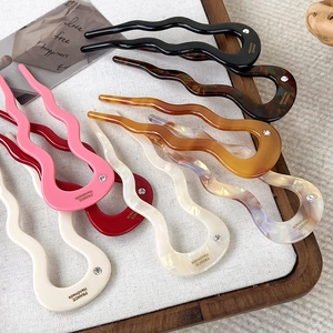 U-shaped wavy acetate hair pins with rhinestones in multiple colors for elegant styling