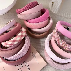 Women Sweet Pink Padded Headband For High Cranial Top Look Wide Brim Handmade Fabric Hairband Versatile Fashion Hair Accessories