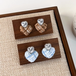 Elegant tweed heart stud earrings with sparkling crystals in brown and blue hues