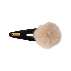 Fashionable plush ball hair clip with handmade metal tag on a black BB clip base