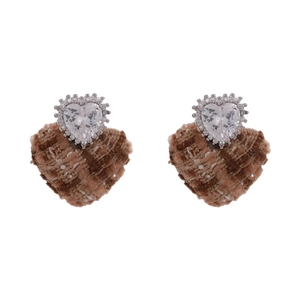 Elegant heart-shaped drop earrings with brown tweed fabric and sparkling crystal studs