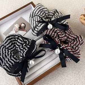 Three-piece tweed bow hair scrunchies set with pearls in black, red, and beige colors