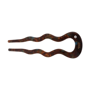 Elegant tortoise shell acetate wavy hair pin with sparkling rhinestone and gold lettering