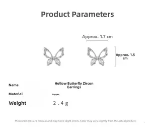 Close-up detail of hollow butterfly zircon stud earrings with size measurements in cm