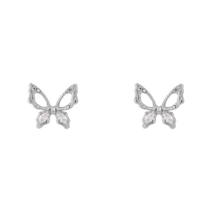 Elegant silver butterfly stud earrings with zircon accents in a minimalist Korean style