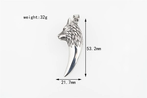 Detailed view of wolf head pendant with 53.2mm height and 32g weight specifications