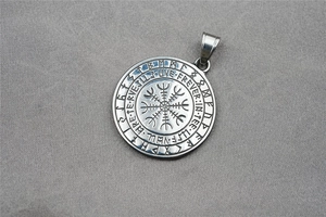 Detailed macro view of Viking Vegvisir compass pendant in vintage stainless steel