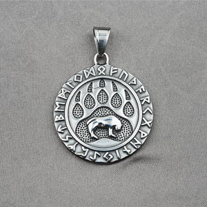 Viking bear paw pendant necklace with elder futhark runes in silver finish