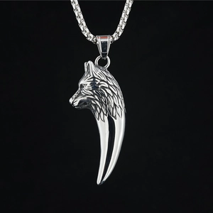 Vintage Titanium Steel Wolf Head Tooth Pendant Necklace Punk Gothic Silver Animal Fang Neck Jewelry For Men Unisex Party