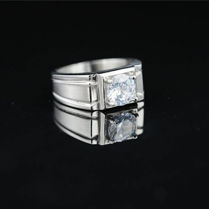 Polished silver titanium steel ring with a square-cut moissanite stone for men