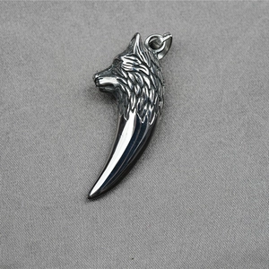 Gothic 3D wolf head fang pendant in polished vintage stainless steel for men