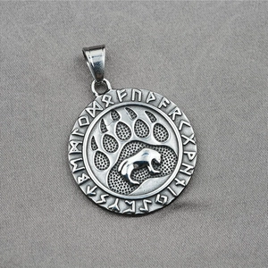 Vintage Viking bear paw pendant necklace in stainless steel with nordic rune carvings