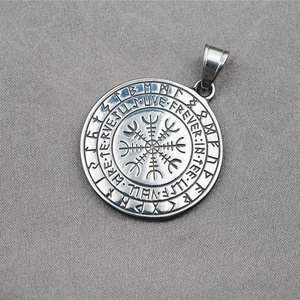Vintage Viking bear paw round pendant necklace with Aegishjalmur symbol and runic engraving