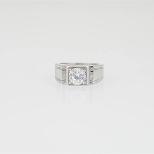 Titanium steel men's ring with square-set moissanite stone and geometric line accents