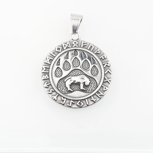 Vintage Viking bear paw pendant necklace in distressed titanium steel with runic design